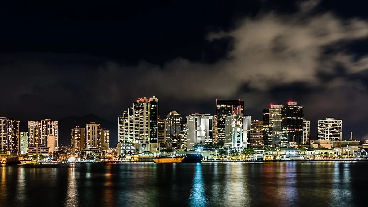 Honolulu Harbor and the Hawaii waterfront at night